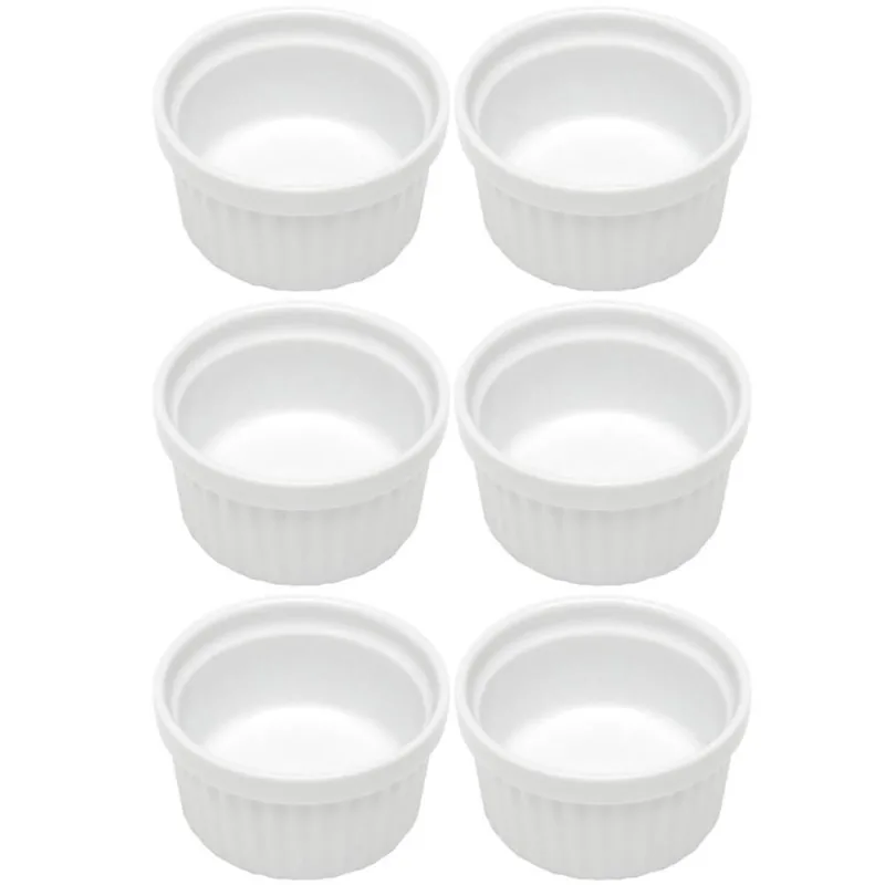 Kit 6 Ramequins Canelado 50ml Porcelana Classic Branco Lyor Servir Petiscos Branco