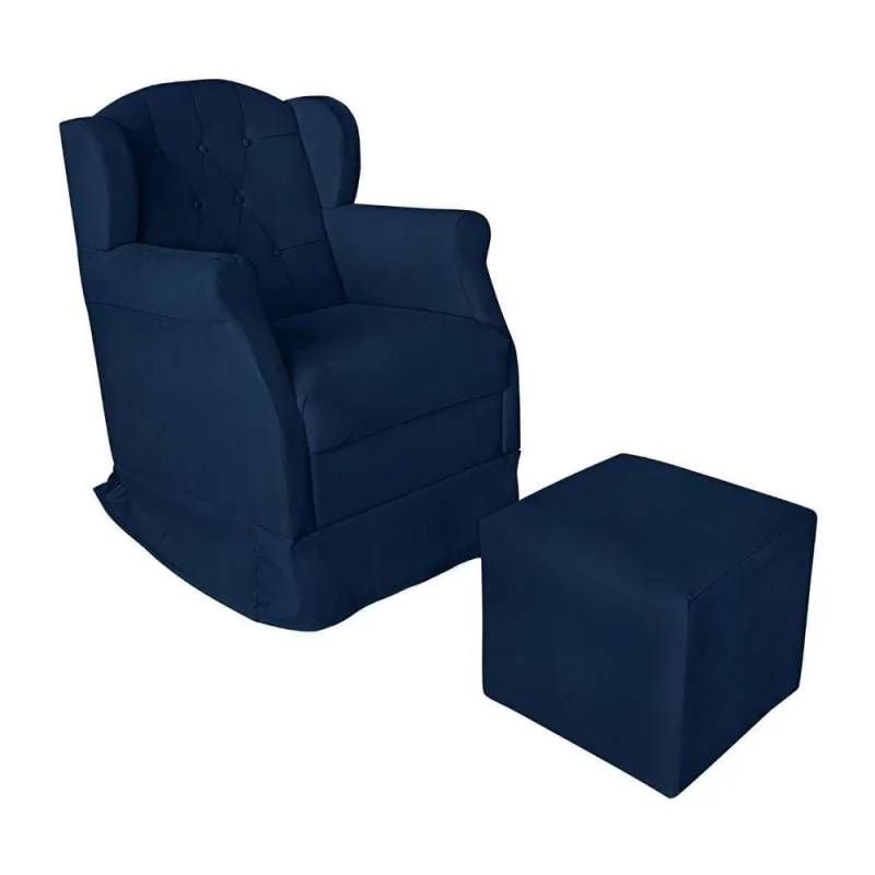 Poltrona Amamentação Com Balanço E Puff Luxo Suede Manuela Azul Marinho - OUTRAS - Móveis