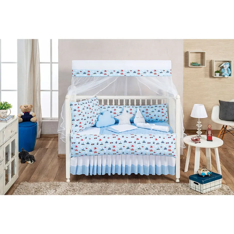 Kit de berço 8 peças carrinho estampado azul com cabeceira