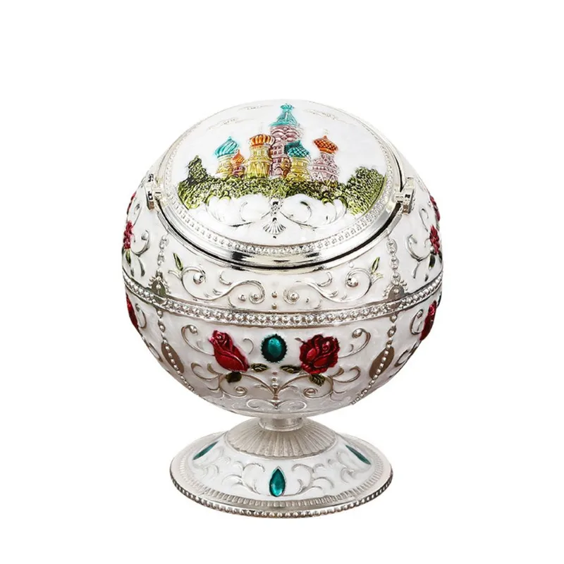 Cinzeiro De Estilo Europeu Vintage Com Tampa De Metal 360g 9,8x12,5 Cm