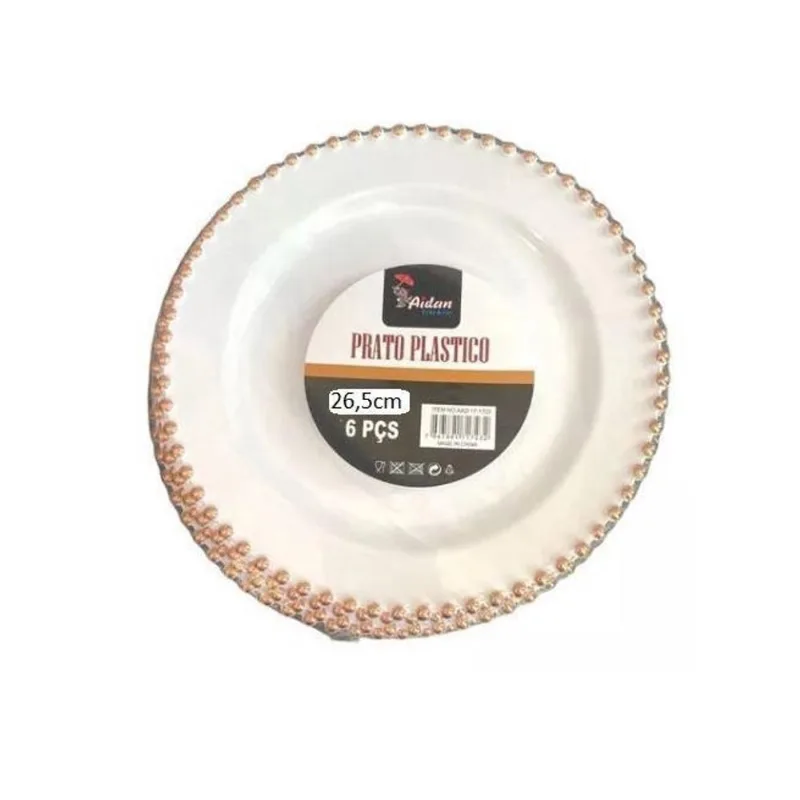 6Un Prato Jantar Acrílico Borda Bolinha Rose Para Festa 26Cm