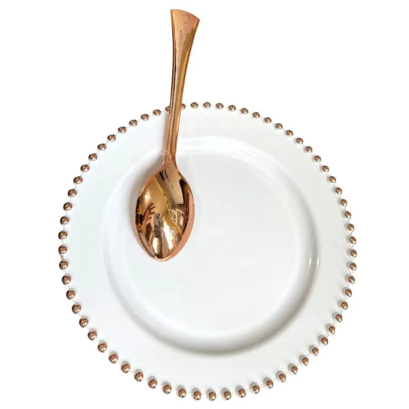 Prato Sobremesa Acrílico Perola Bolinha Rose + Colher-6Un
