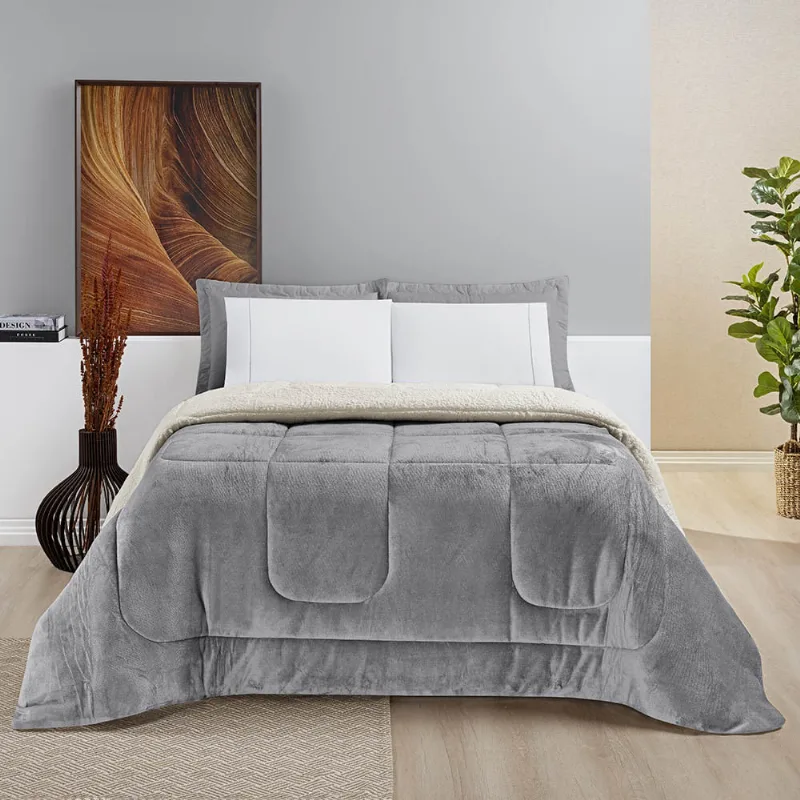 Coberdrom Diamond Casal King Sherpa Com Manta Flannel 01 Peça - Cinza