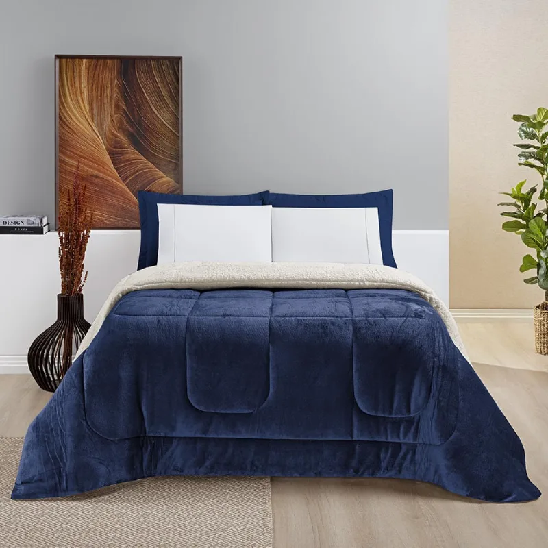 Coberdrom Diamond Casal Queen Sherpa Com Manta Flannel 01 Peça - Azul Marinho