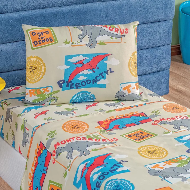 Jogo de Cama Lençol Carrosel Solteiro 03 Peças Infantil Estampado Divertido - Dinossauro - Clara luz decora - Cama, Mesa E Banho