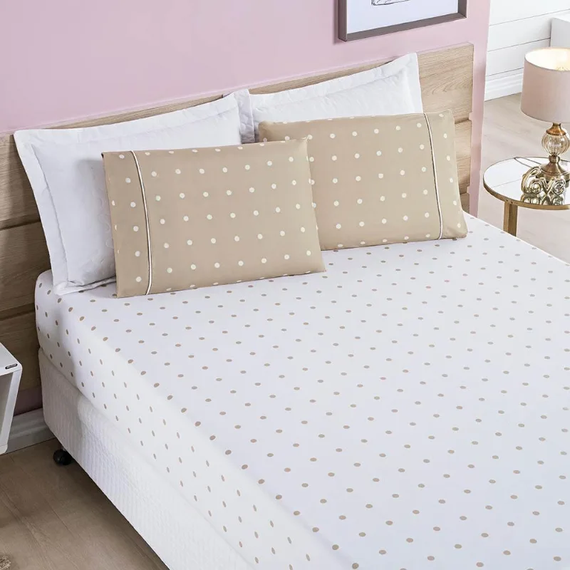 Jogo De Cama Lençol Celine Casal Queen 03 Peças Micropercal 200 Fios Bolinhas - Cáqui