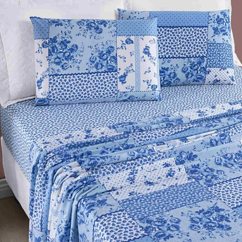 Jogo de Cama Lençol Solteiro 03 Peças Microfibra Estampada Ayla - Azul Sereno