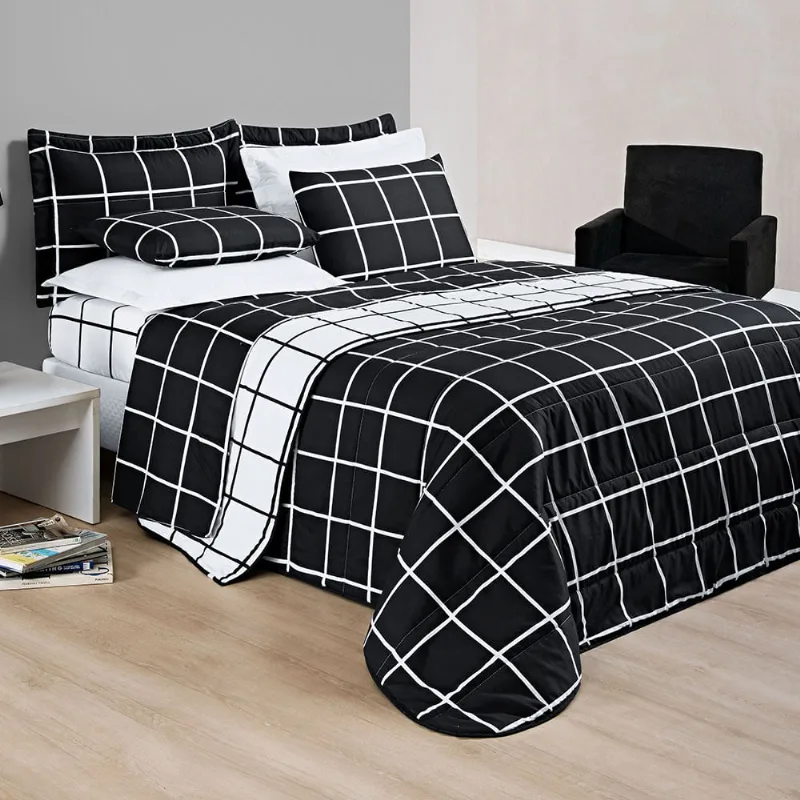 Kit Cobre Leito Minimalista Quadriculado Queen 03 Peças Tecido Micropercal 200 Fios - Preto Com Branco