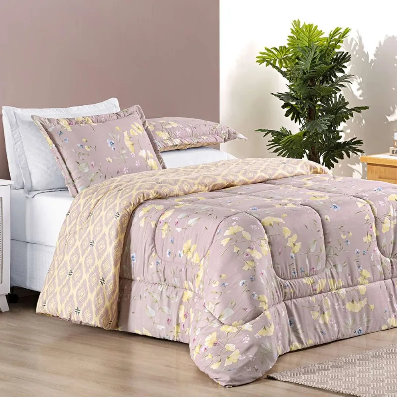Edredom Ayla Casal King Tecido Dupla Face Microfibra 03 Peças - Lavanda Floral
