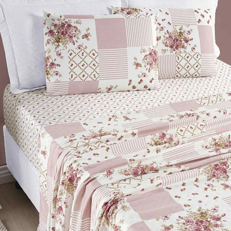 Jogo de Cama Lençol Casal Padrão 04 Peças Microfibra Estampada Ayla - Rosa Floral Matura