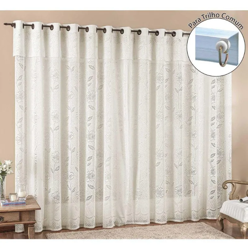 Cortina Luna 2 Metros Para Trilho Comum Palha Renda Floral Sala Ou Quarto