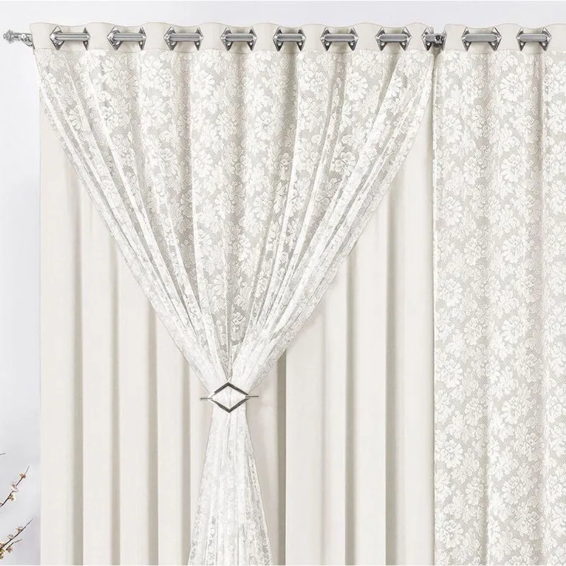 Cortina Yasmin 2,00M X 1,70M Palha Trilho Comum Tecido Malha Renda Floral Leve