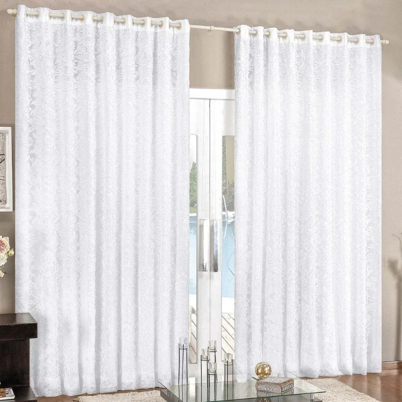 Cortina Renda 4,00m X 2,80m Branca Tecido Renda Com Voal Floral Sala Ou Quarto