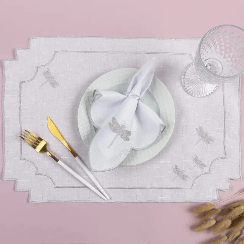Kit 12 Jogos Americanos Guardanapos De Mesa Retangular Bordado Libélula - Branco - Clara luz decora