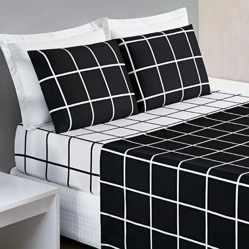 Jogo De Cama Lençol Minimalista Casal Padrão 04 Peças Micropercal 200 Fios Premium Preto