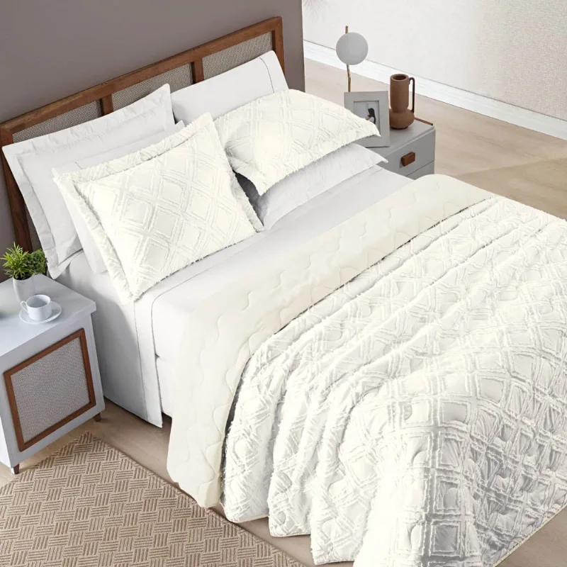 Kit Cobre Leito Colcha Katarine Queen 03 Peças Dupla Face MicroPercal 300 Fios Detalhado - Off White