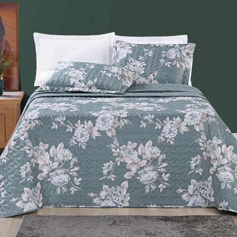 Kit Cobre Leito Colcha Júlia Padrão 03 Peças Micropercal 200 Fios Duplaface Estampa Floral - Primavera