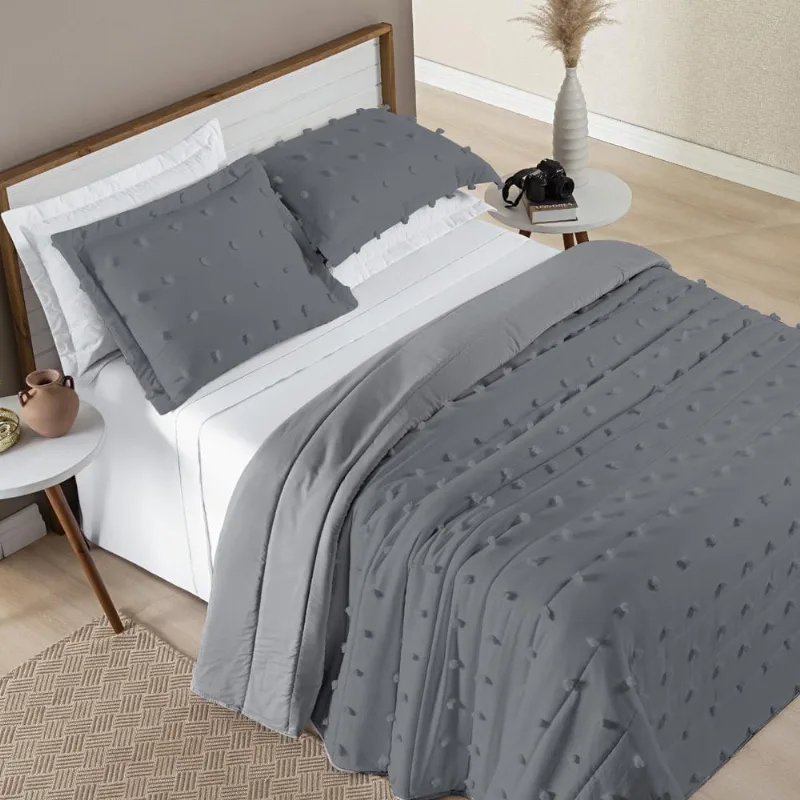 Kit Cobre Leito Colcha Sofist King 3 Peças MicroPercal 300 Fios Detalhado Bolinhas - Cinza