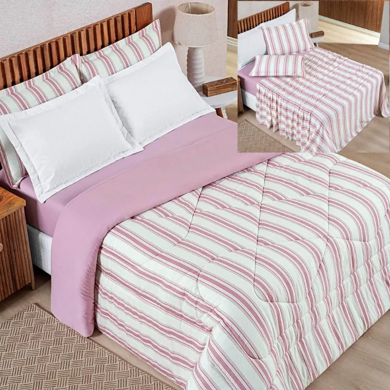 Coordenado Edredom com Lençol Estilo Queen 5 Peças - Rosa - 100% Algodão