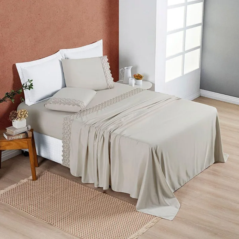 Jogo Cama Lençol Divino Lese Queen 4 Peças - Amendoa