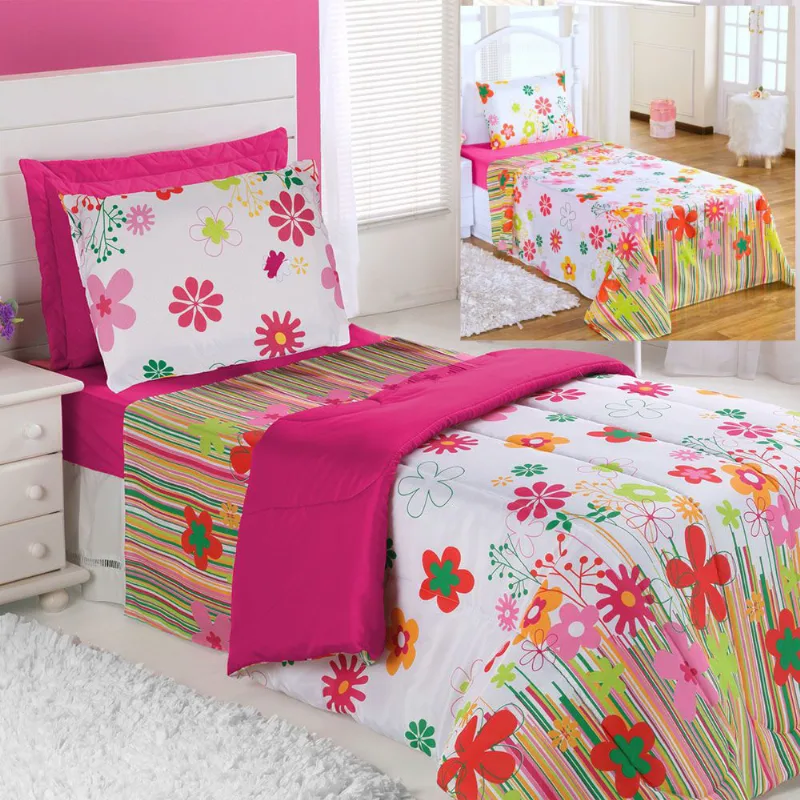 Kit Coordenado Edredom Com Lençol Solteiro Alegria - Pink - 100% Poliéster