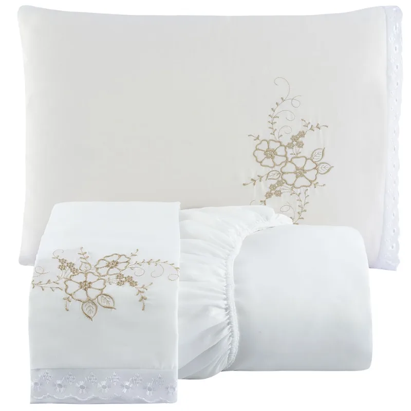 Jogo de Cama Lençol Casal Bordado Advance 3 Peças - Branco - 100% Poliéster