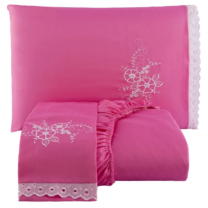 Jogo de Cama Lençol Casal Bordado Advance 3 Peças - Pink - 100% Poliéster