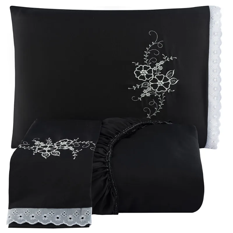 Jogo de Cama Lençol Casal Bordado Advance 3 Peças - Preto - 100% Poliéster