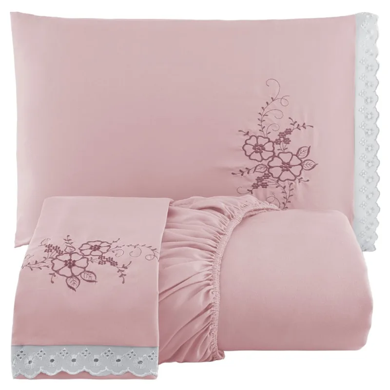 Jogo de Cama Lençol Casal Bordado Advance 3 Peças - Rosê - 100% Poliéster