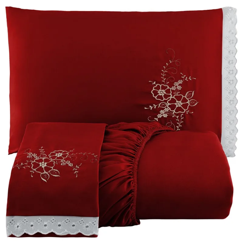 Jogo de Cama Lençol Casal Bordado Advance 3 Peças - Vermelho - 100% Poliéster