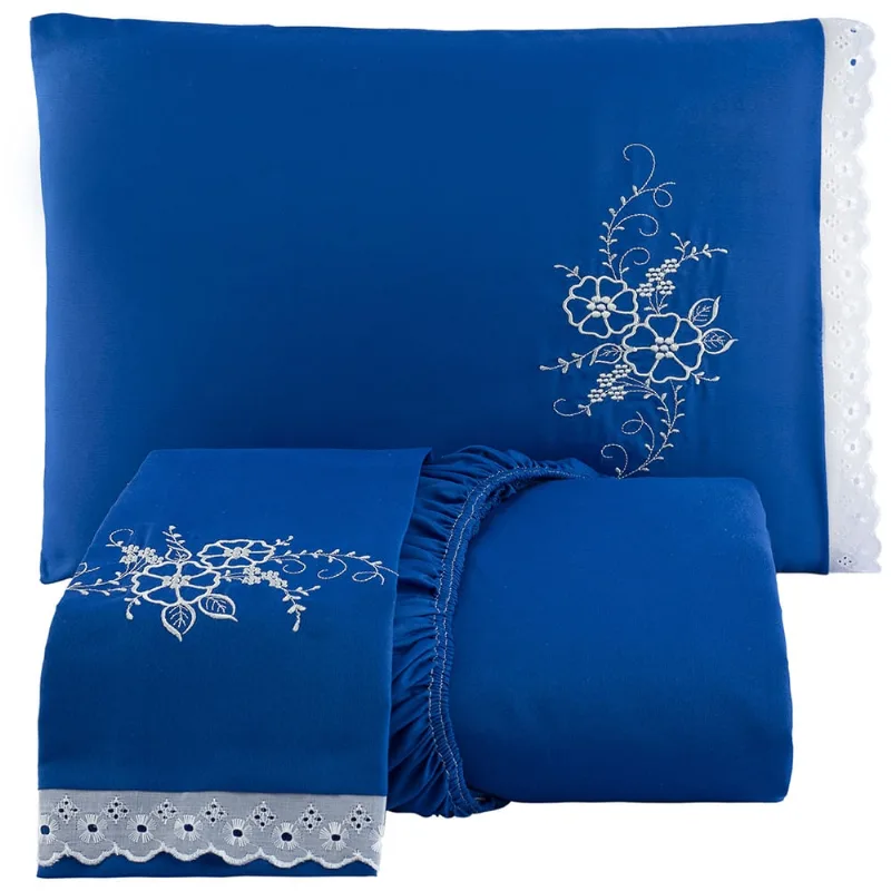Jogo de Cama Lençol Queen Bordado Advance 3 Peças - Azul - 100% Poliéster