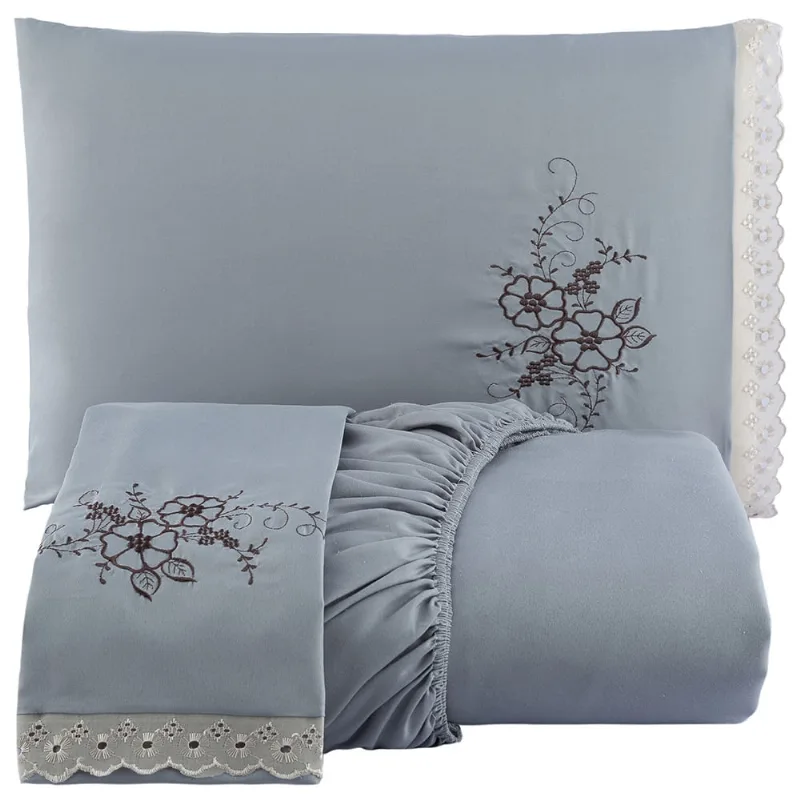 Jogo de Cama Lençol Queen Bordado Advance 3 Peças - Cinza - 100% Poliéster