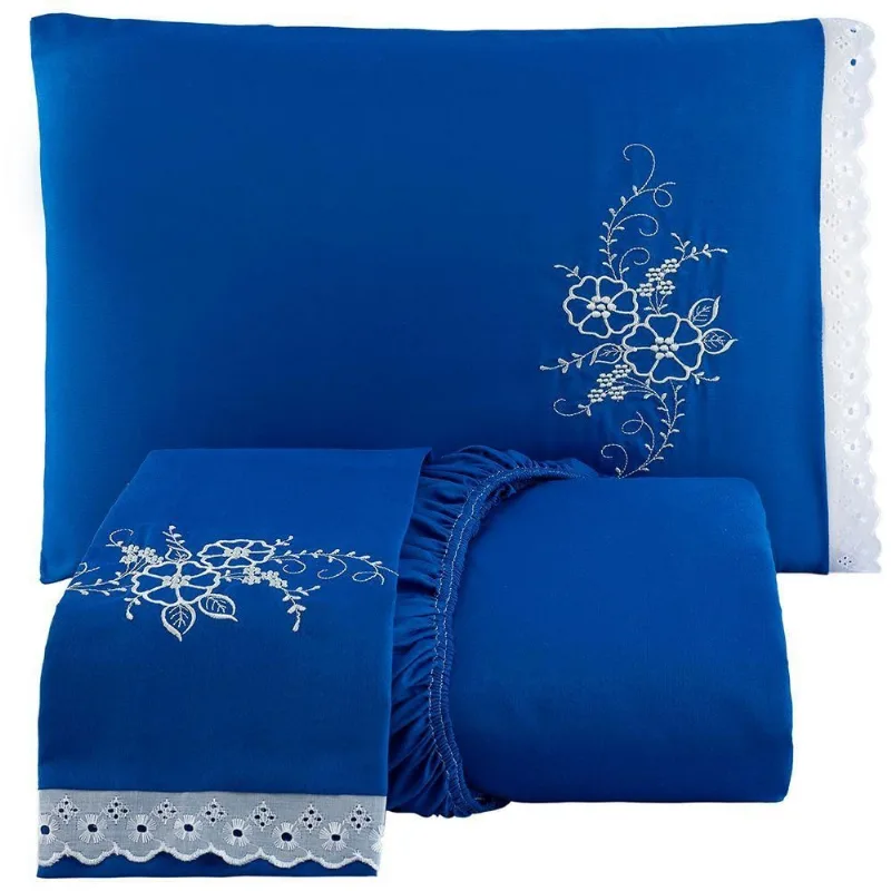 Jogo De Cama Lençol Solteiro Bordado Advance 2 Peças - Azul