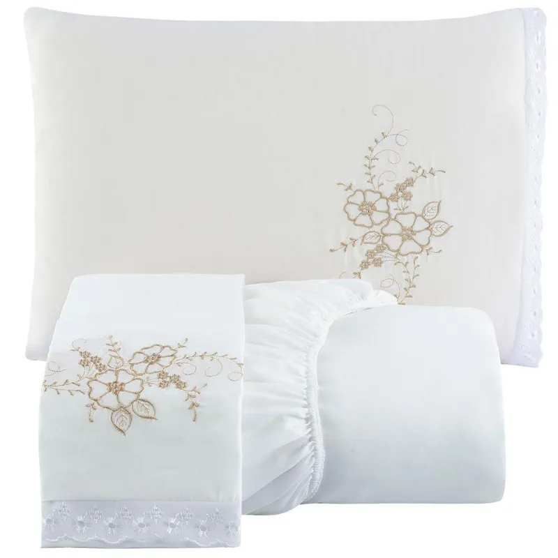 Jogo De Cama Lençol Solteiro Bordado Advance 2 Pçs - Branco