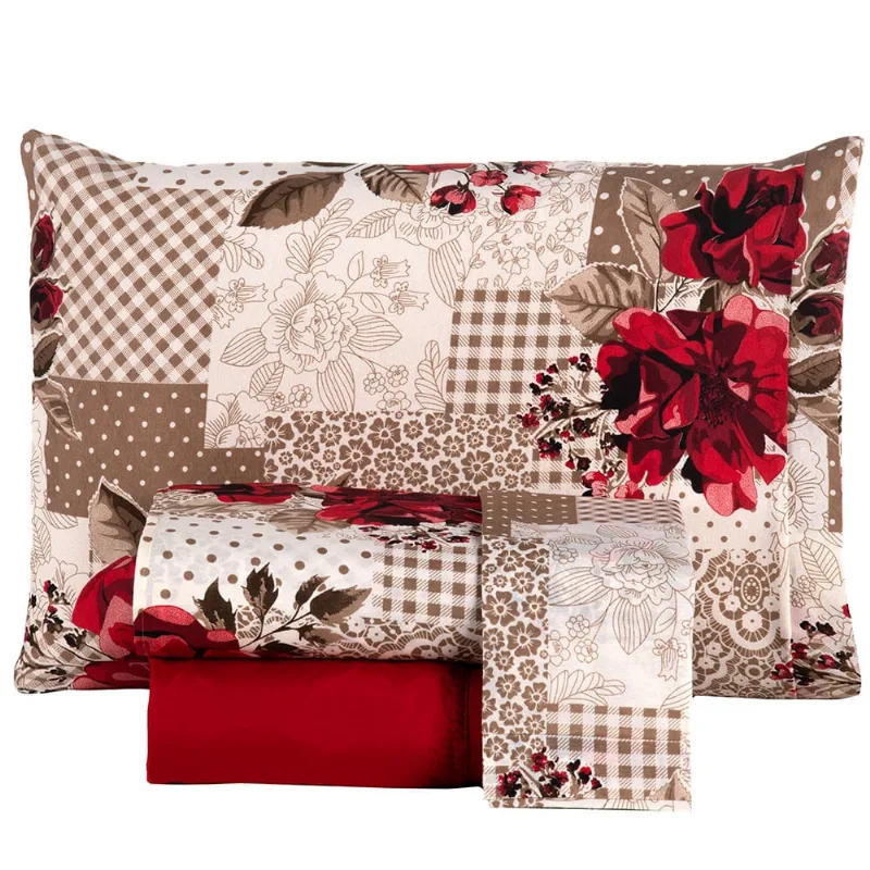 Jogo de Cama Lençol Matrix Queen Percal 4 Peças - Vermelho - 100% Poliéster