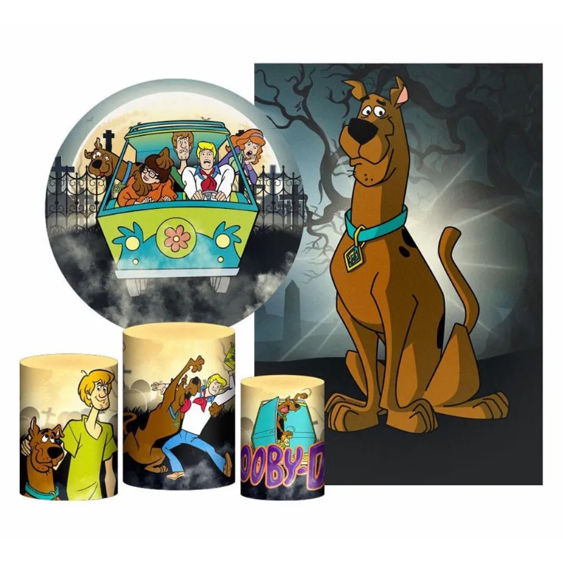 Kit Casado Scooby Doo Painel Redondo Trio Capas Cilindro Retangular Vertical Em Tecido