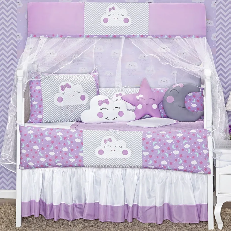 Kit Berço 12 Peças Nuvem Estampado Menina Lilás Baby