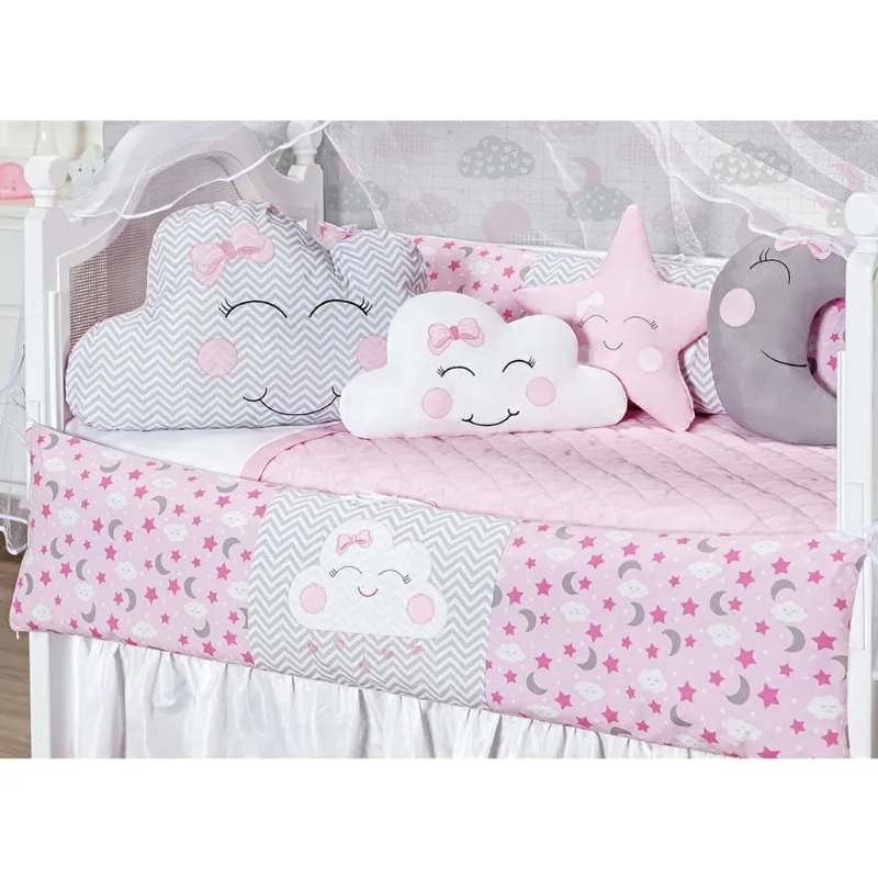 Kit Berço 12 Peças Com Saia Box Rosa Claro Nuvem Formato