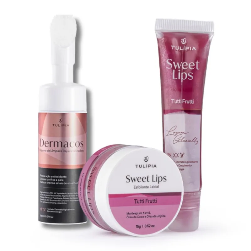 Kit Facial e Labial Tulípia Sabonete Mousse Esfoliante Gloss