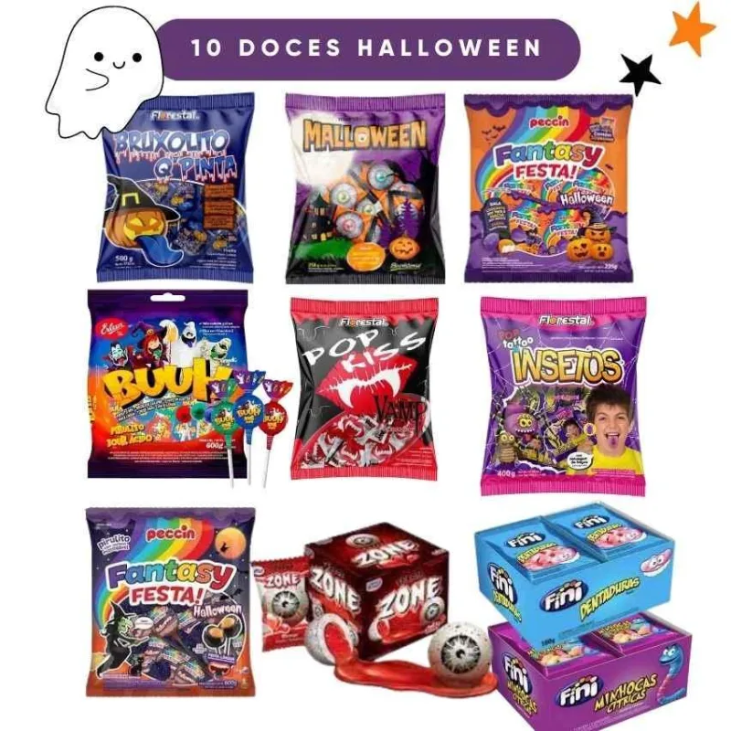 Kit 10 Doces Halloween Pirulito Balas Chicletes Dia Bruxas - Não Informado - Mercearia