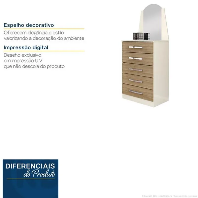 Cômoda 5 Gavetas com Espelho Veneza Albatroz Cômoda com Espelho e 5 Gavetas Veneza Albatroz | Perola/Noce (S/V)