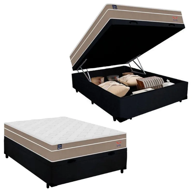 Cama Box Baú Casal Suede + Colchão Lis Molas Ensacadas Plumatex Preto 138cm - Suporta Até 120 Kg Por Pessoa