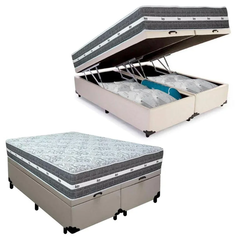 Cama Box Baú Casal Bipartido Sintético + Colchão Black Graphite Molas Ensacadas 138x188x64cm branco