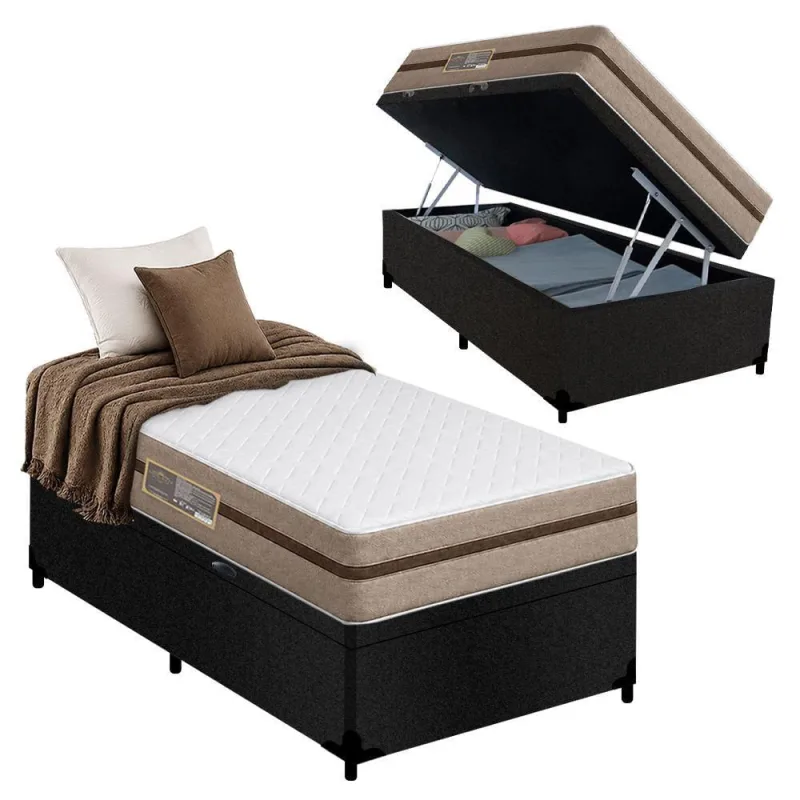 Cama Box com Baú Solteiro Bioclassic Molas Ensacadas Suede Preto Royal Sleep 88CM - OUTRAS MARCAS - Colchões