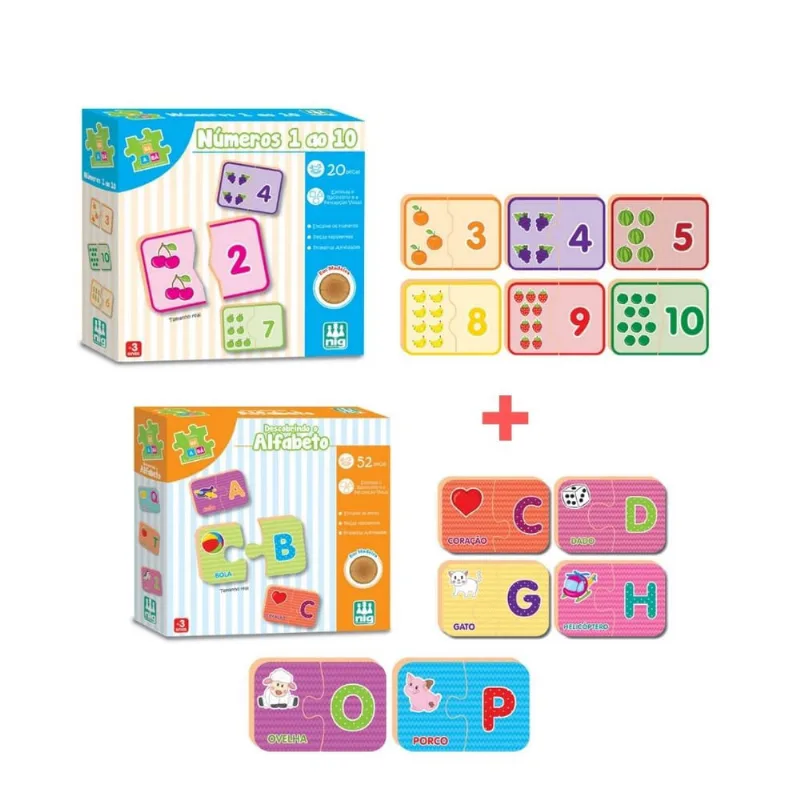 Kit jogo numeros 1 ao 10 com descobrindo alfabeto 52 peças