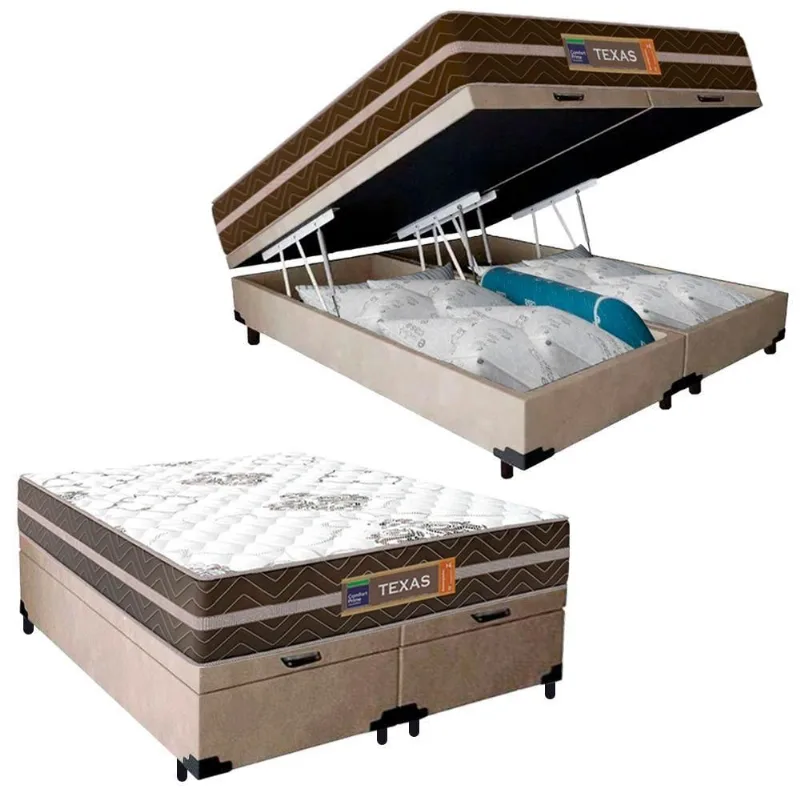 Cama Box Baú Casal Bipartido Suede + Colchão Molas Ensacadas Texas Colchões 138x188x67cm Bege