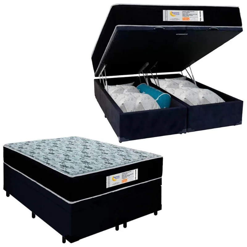 Cama Box Baú Queen Bipartido Suede + Colchão Molas Ensacadas Sonnolux 158x198x69 Preto