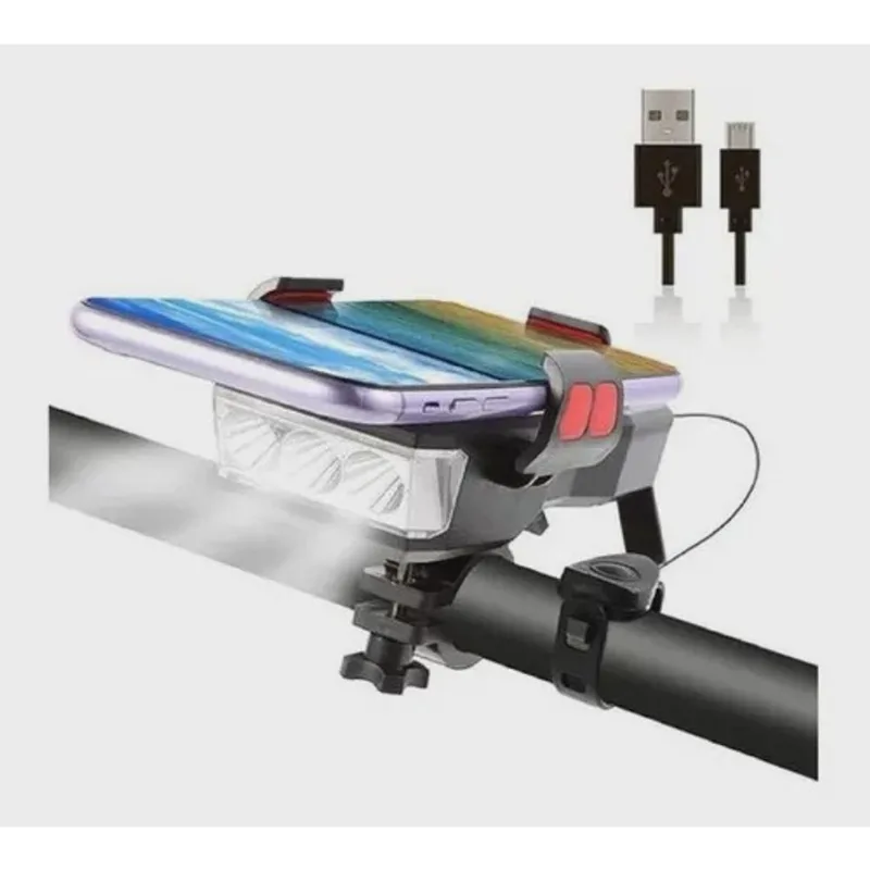 Lanterna Farol Sinalizador de Bike Bicicleta Recarregável Ciclismo Mais Carregador e Suporte Celular Portátil