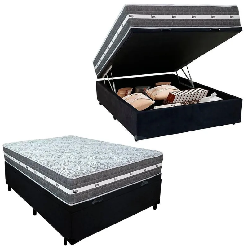 Cama Box Baú Casal Suede + Colchão Black Graphite Molas Ensacadas 138x188x64cm Preto