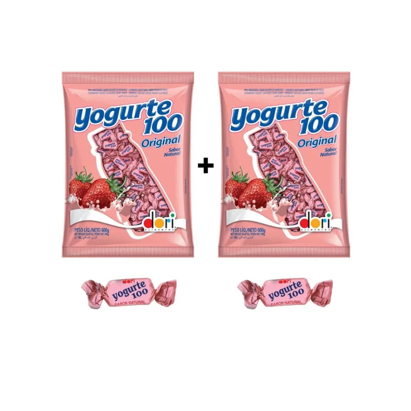 Bala yogurte 100 morango kit com 2 pacotes de 600g dori doce atacado